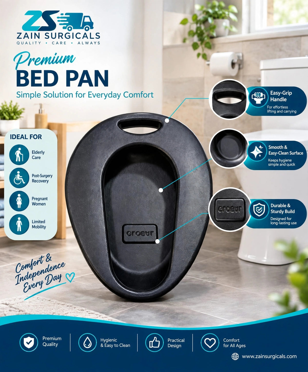 Premium bed pan with easy-grip handle - Zain Surgicals