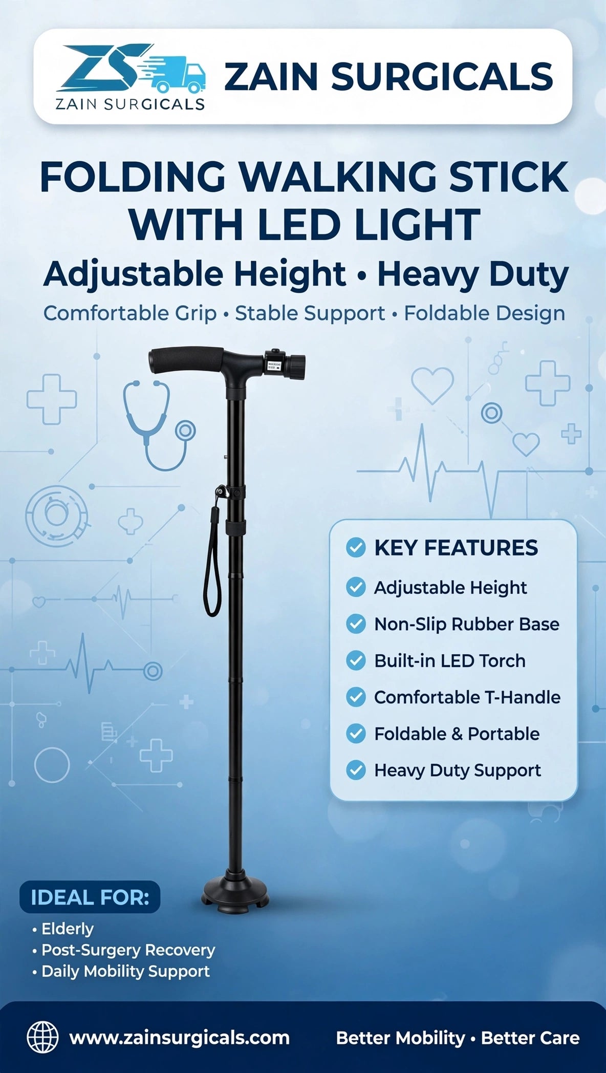 Folding walking stick with built-in LED light - Zain Surgicals