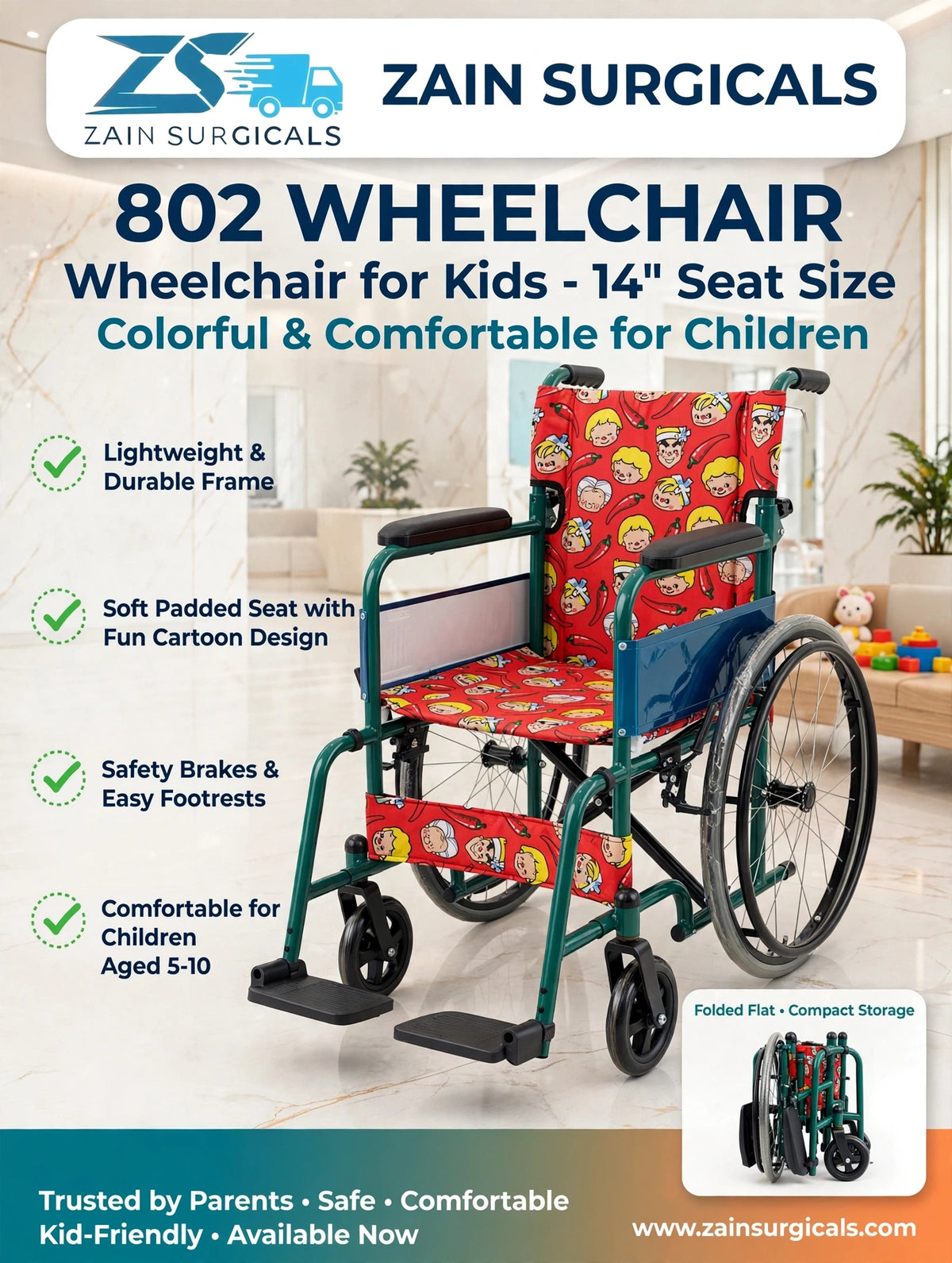 802 wheelchair for kids, 14 inch seat - Zain Surgicals