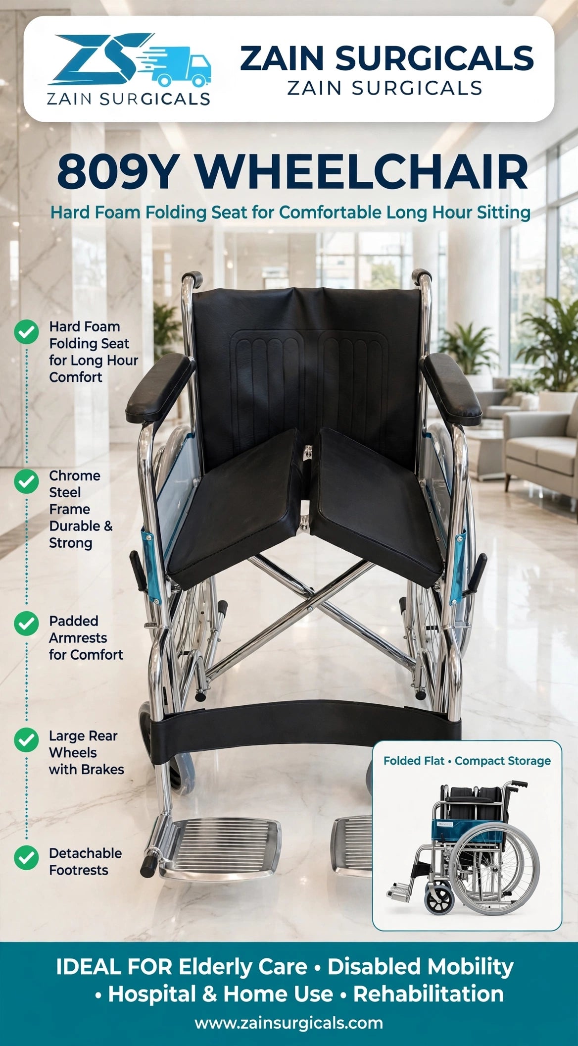 809Y wheelchair with hard foam folding seat - Zain Surgicals