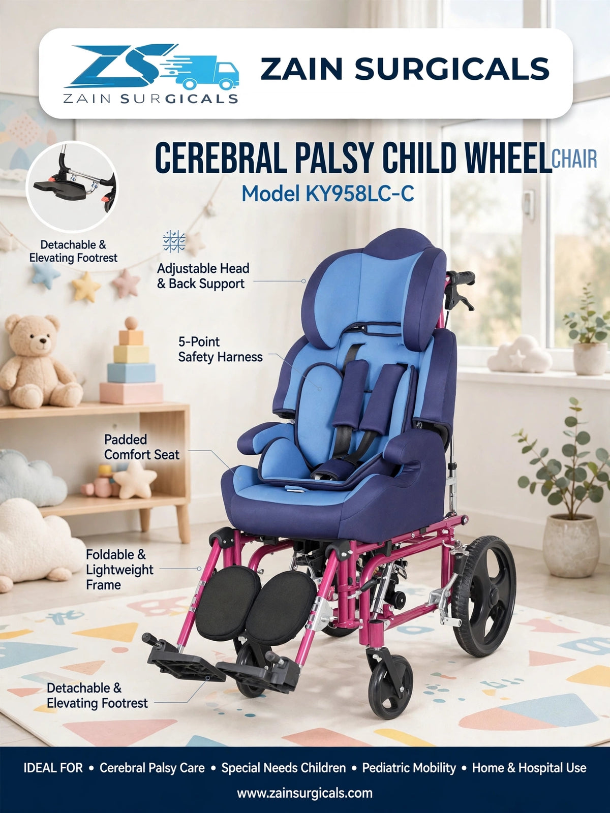 Cerebral palsy child wheelchair, model KY958LC-C - Zain Surgicals