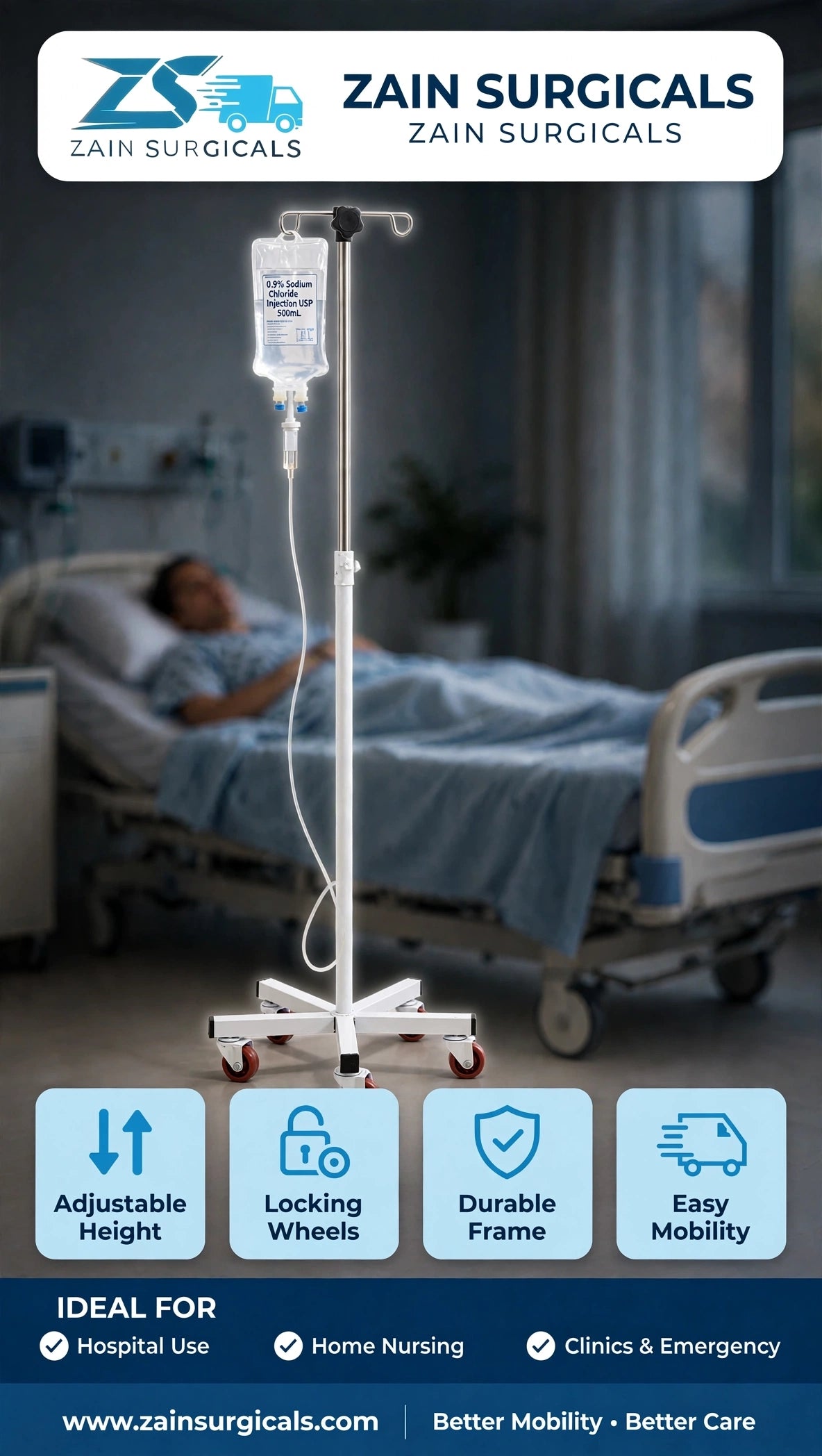 IV drip stand on wheels - Zain Surgicals
