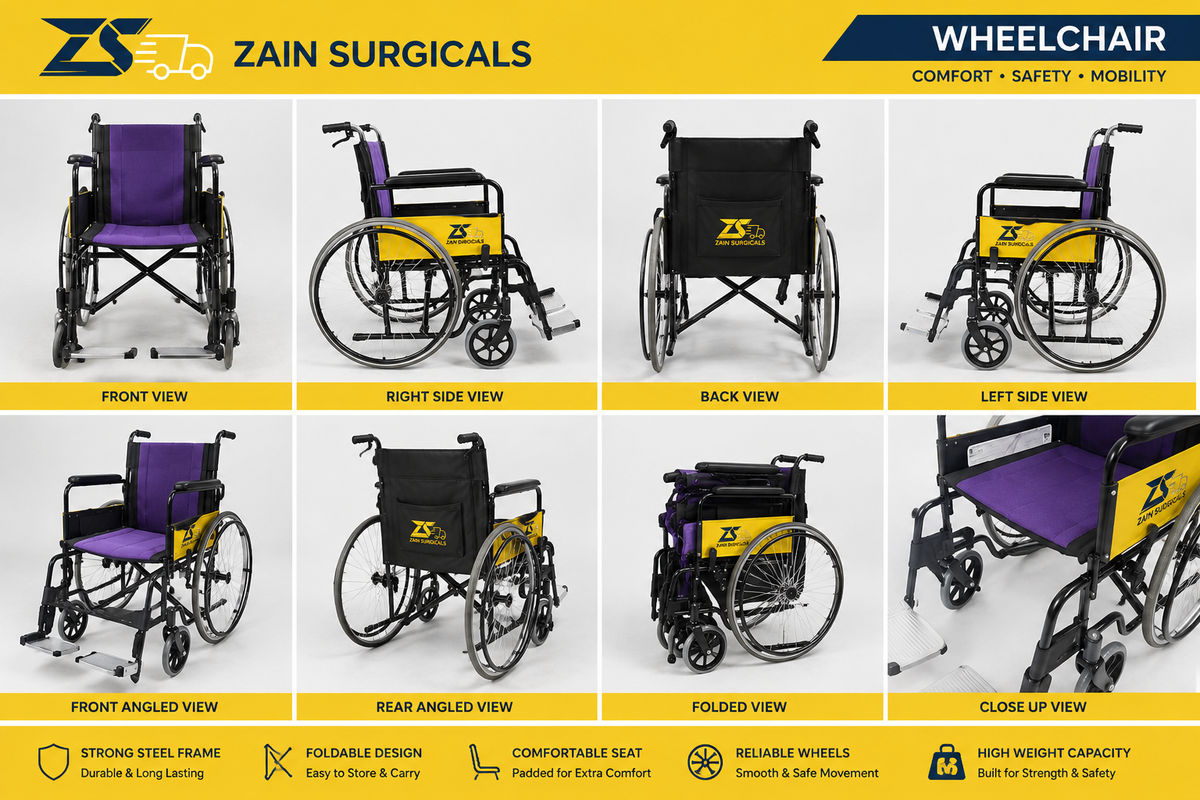 A product infographic for the Zain Surgicals wheelchair, showing multiple views (front, side, back, folded, close-up) on a yellow and white background with feature icons.