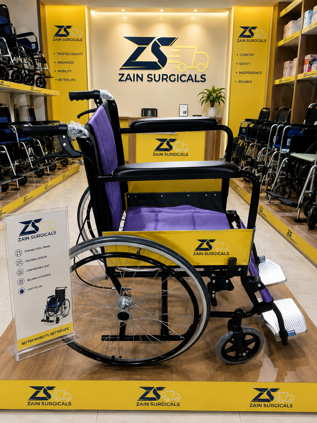 A Zain Surgicals branded manual wheelchair with a purple cushioned seat and backrest, displayed in a showroom with other wheelchairs and branded yellow walls.