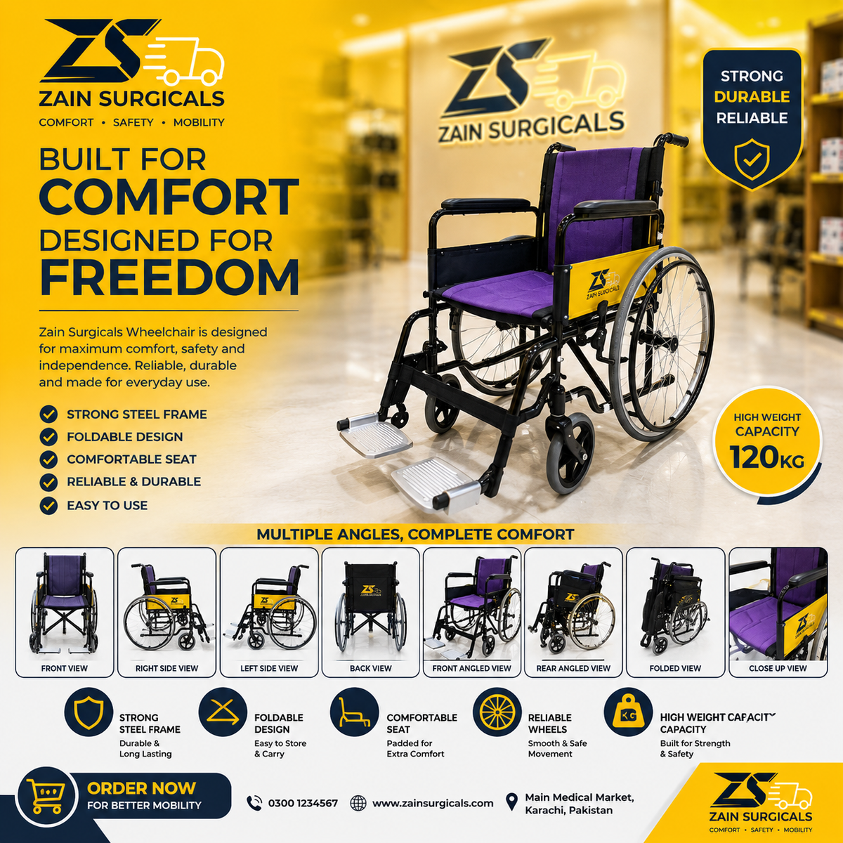 A promotional graphic for the Zain Surgicals Wheelchair, showing the wheelchair in a studio-style layout with multiple angle thumbnails along the bottom. The wheelchair has a black steel frame, purple fabric seat and backrest, and yellow accents on the wheel hub and side panel.