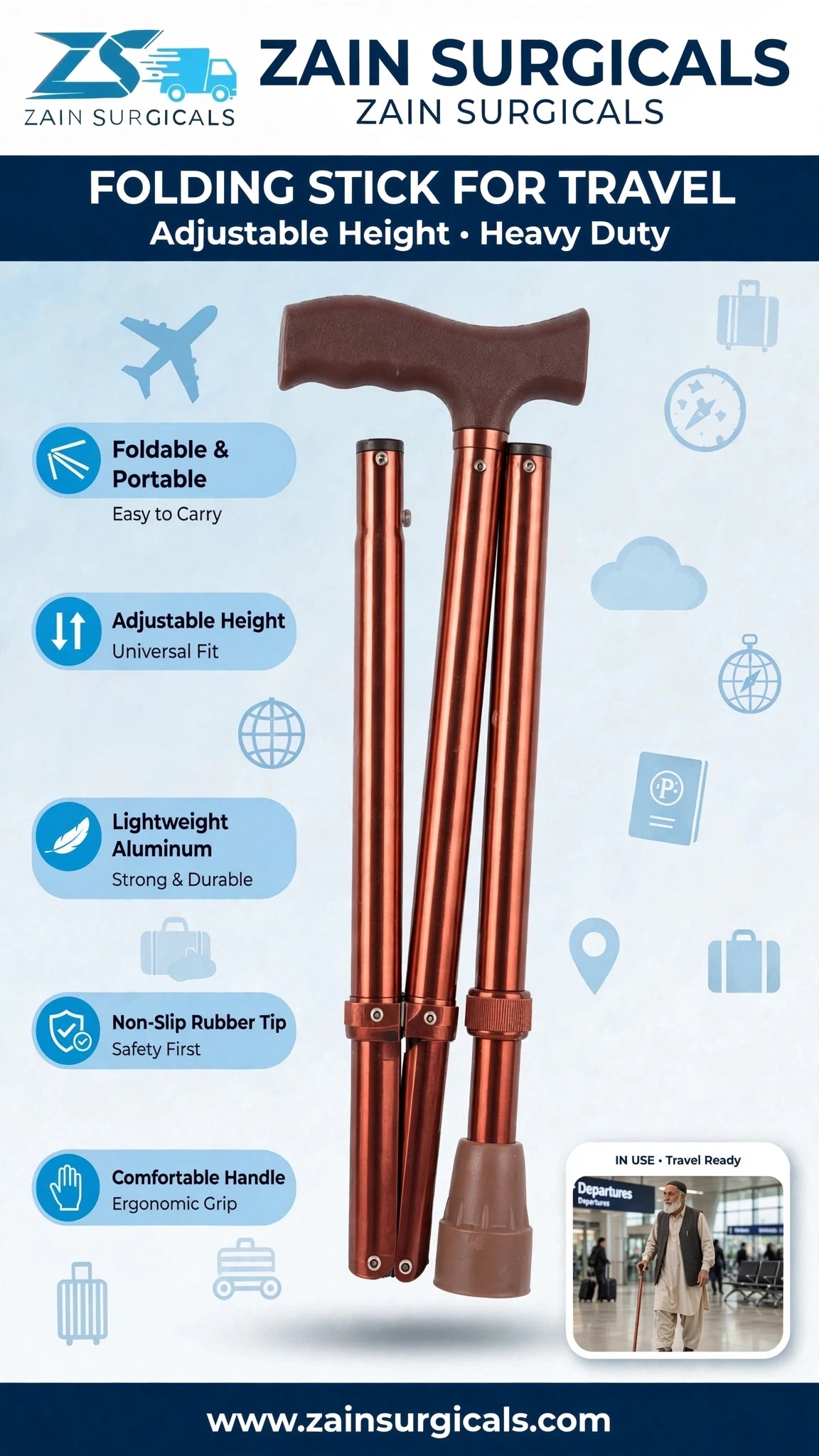 Aluminum folding walking stick with seat - Zain Surgicals