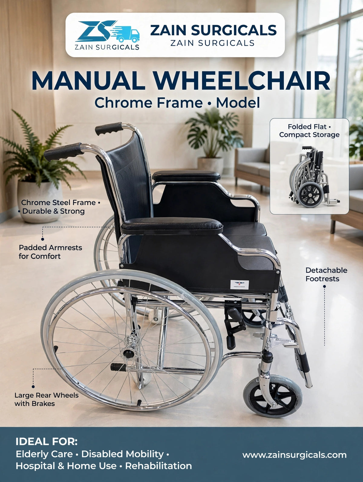 Manual Commode Wheelchair, Chrome Frame