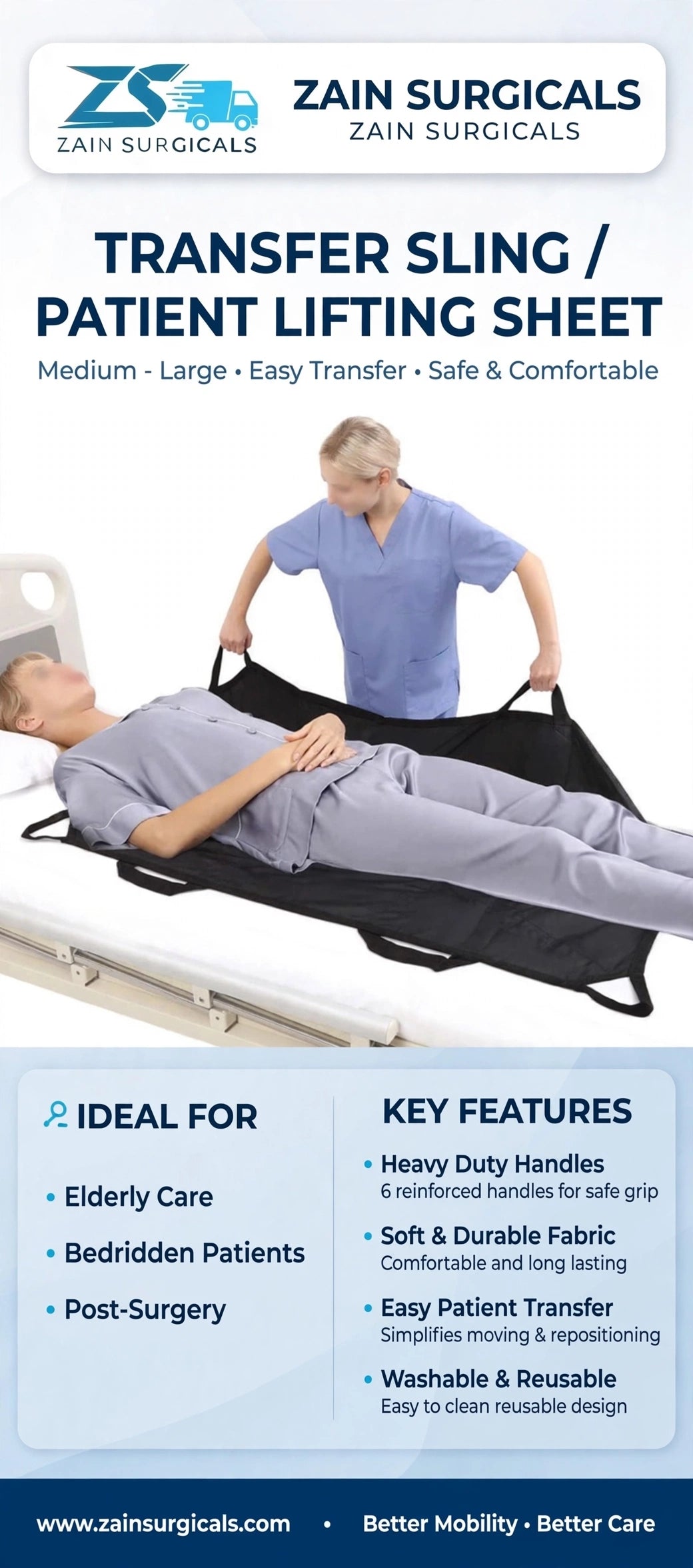 Patient transfer sling with reinforced handles - Zain Surgicals
