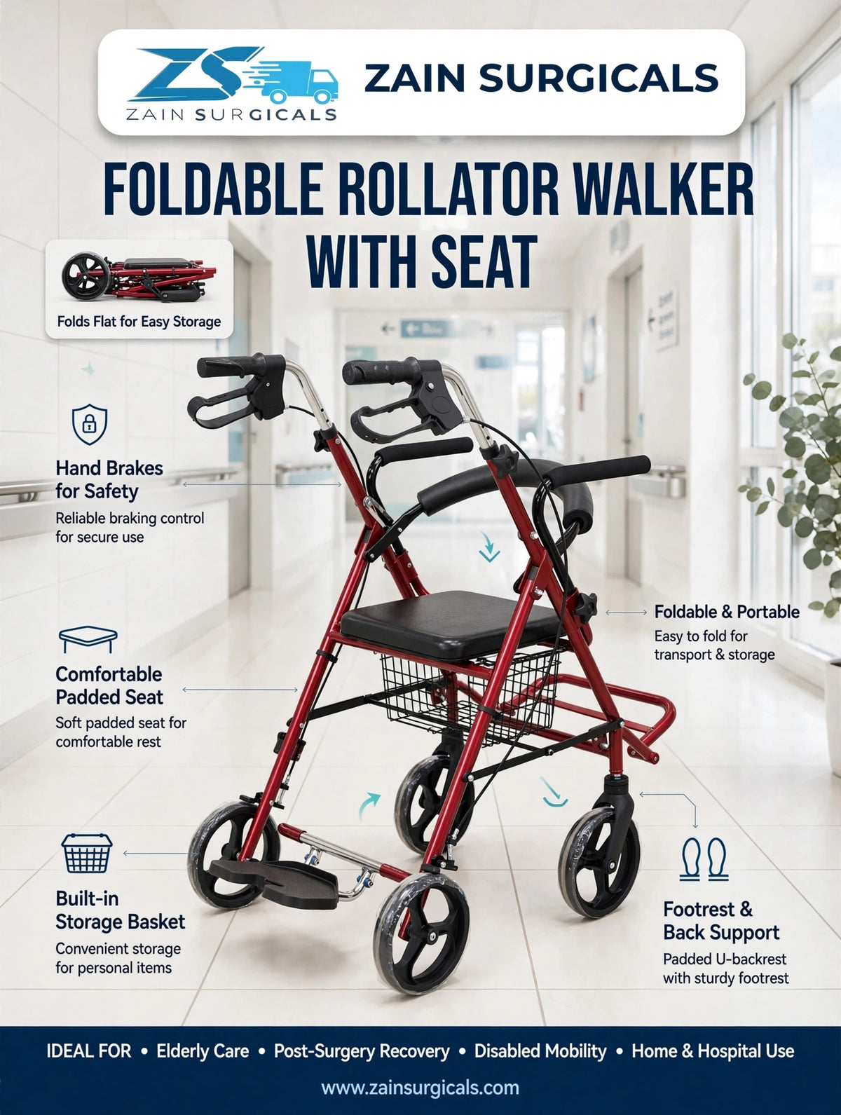 Foldable rollator walker with seat and storage basket - Zain Surgicals
