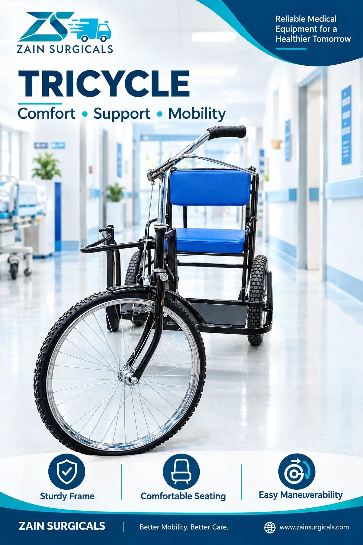 Patient mobility tricycle with padded seat - Zain Surgicals