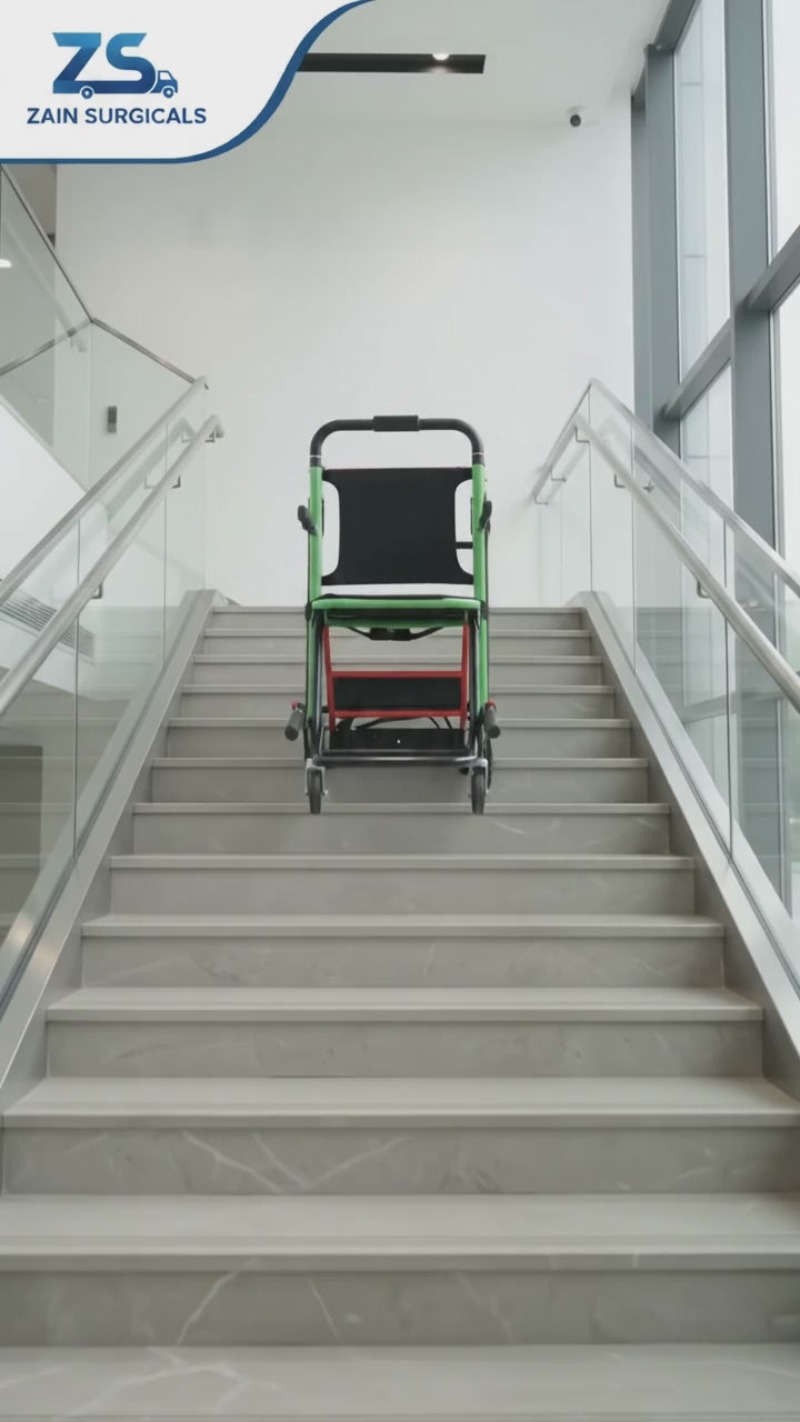 Stair climbing wheelchair operated by caregiver - video