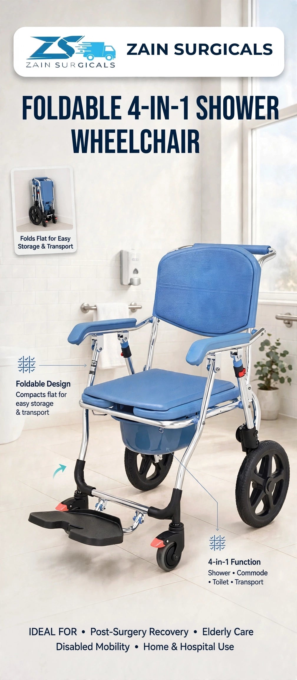 4-in-1 foldable shower and commode wheelchair - Zain Surgicals
