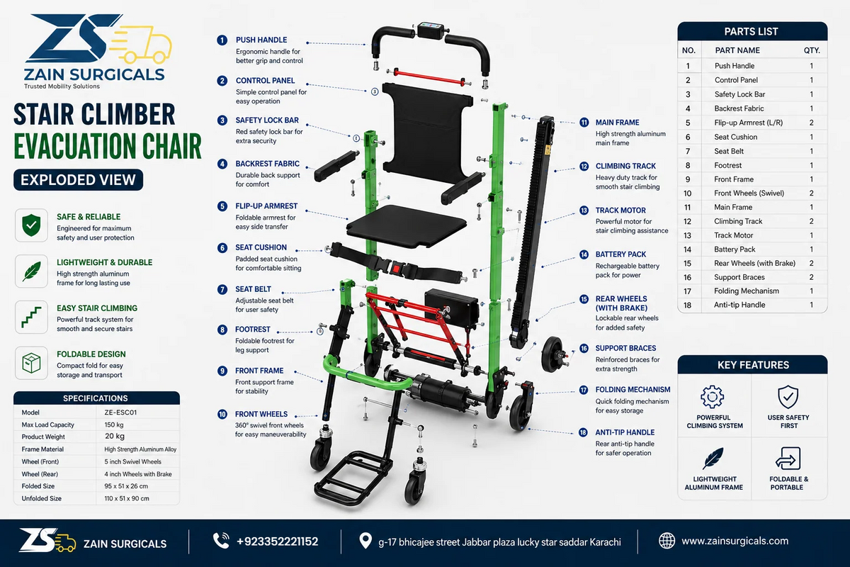Motorized stair climbing wheelchair parts and exploded view
