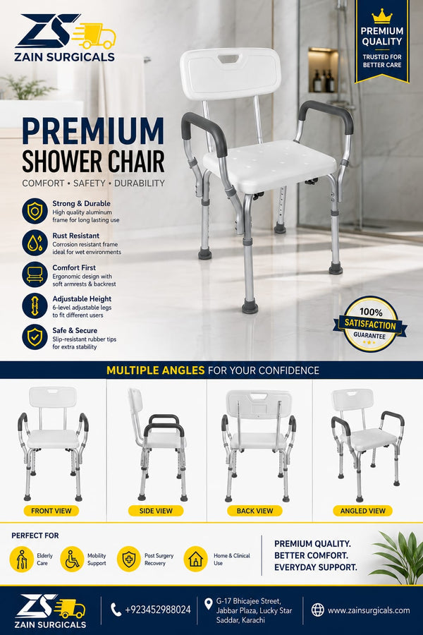 Shower chair with handle, side view - Zain Surgicals