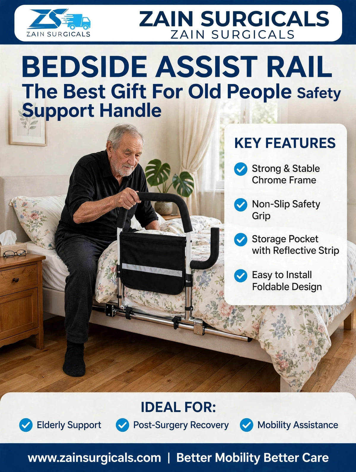 Bedside assist rail with storage pocket - Zain Surgicals

