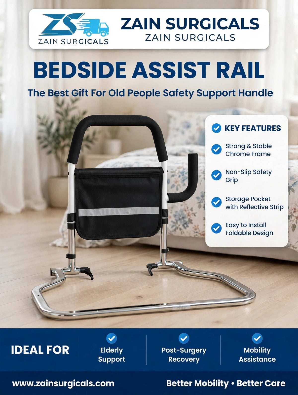 Bedside assist rail with storage pocket - Zain Surgicals
