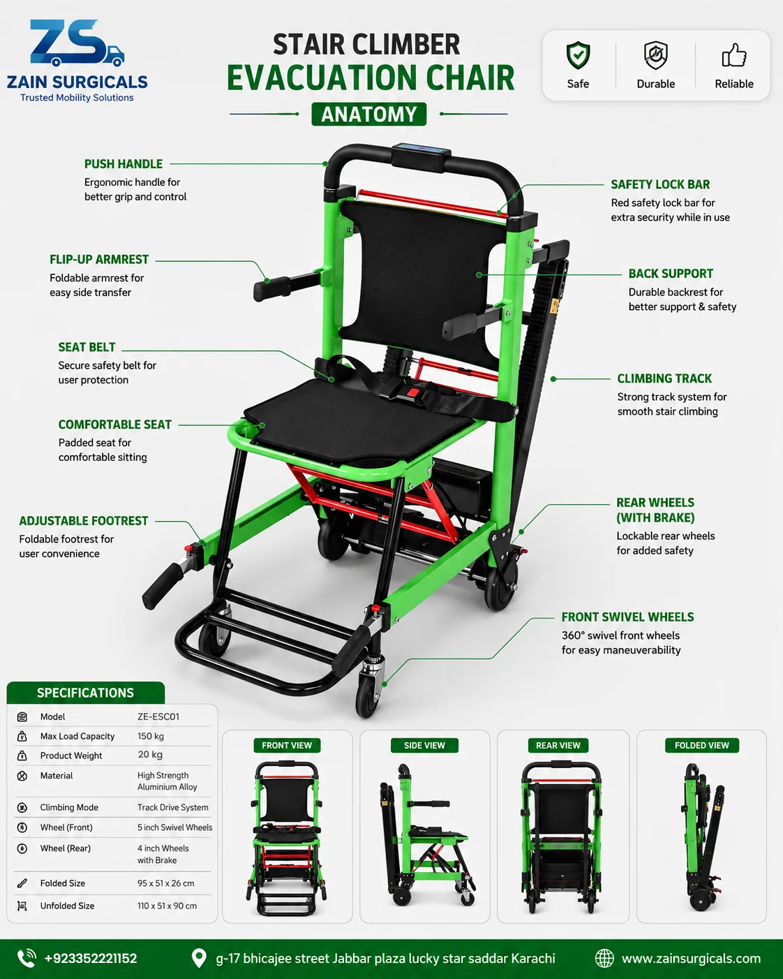 Electric stair climbing chair features and specifications