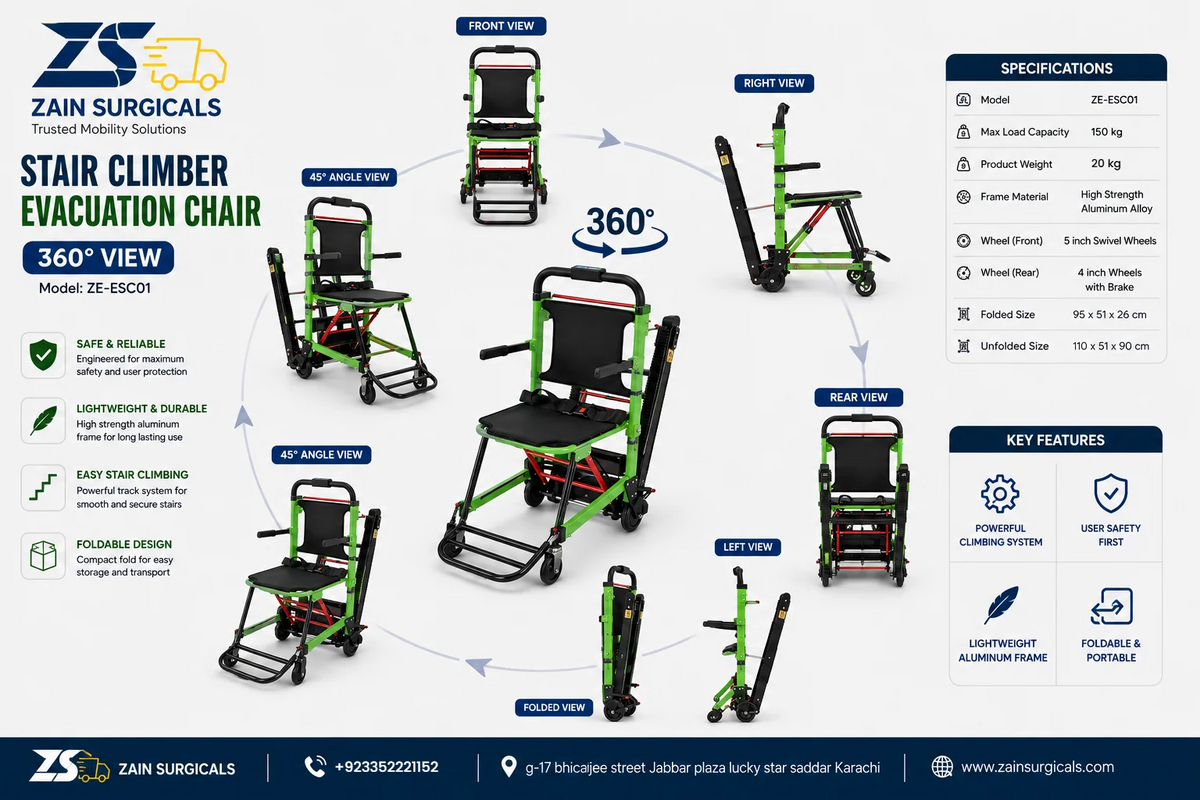 Stair climbing wheelchair 360 degree view and specifications