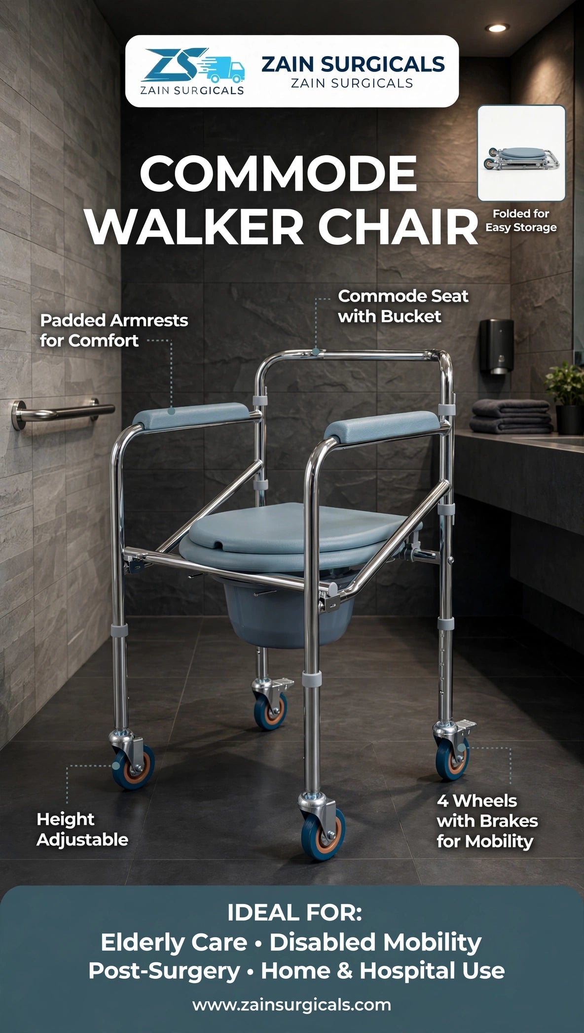 Foldable adjustable commode chair with bucket - Zain Surgicals